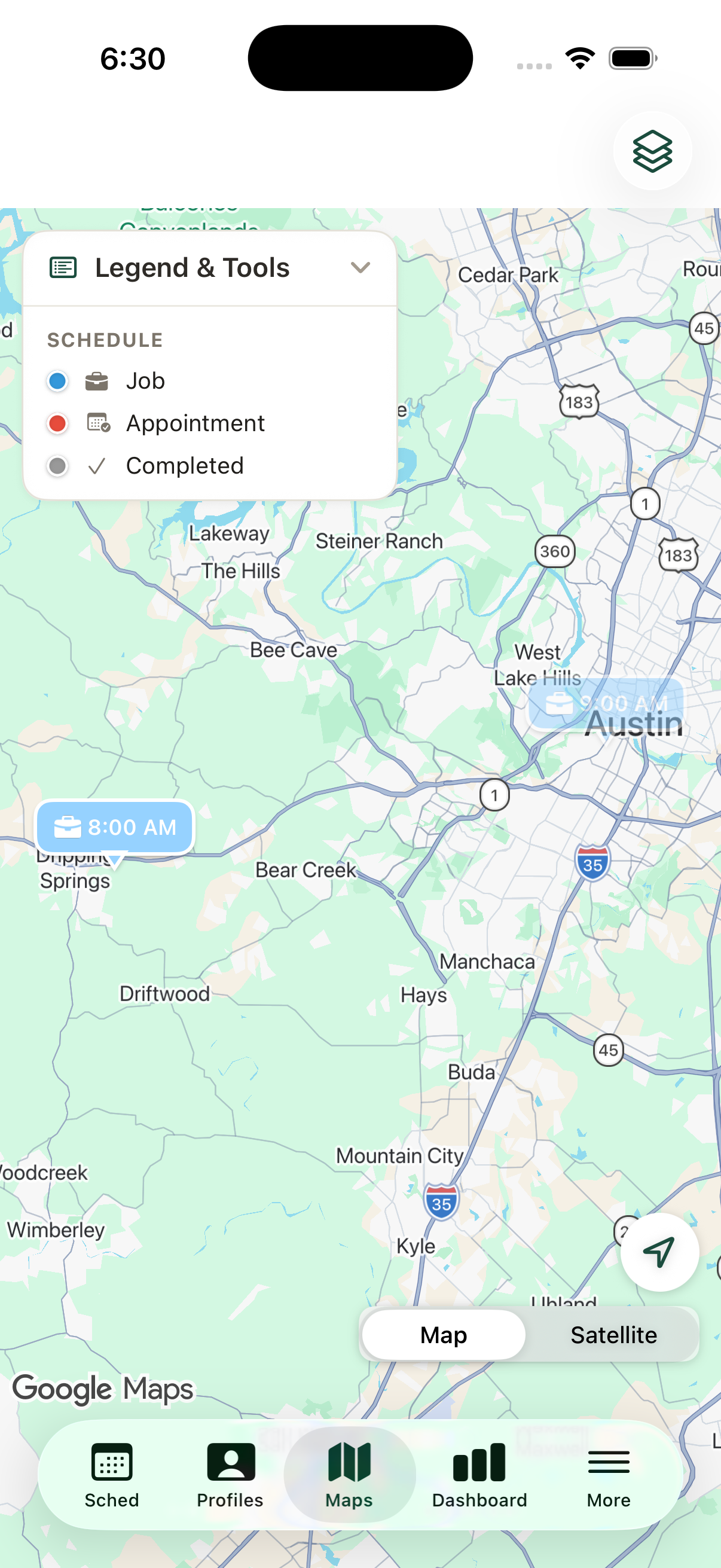 iOS app home screen with schedule and map