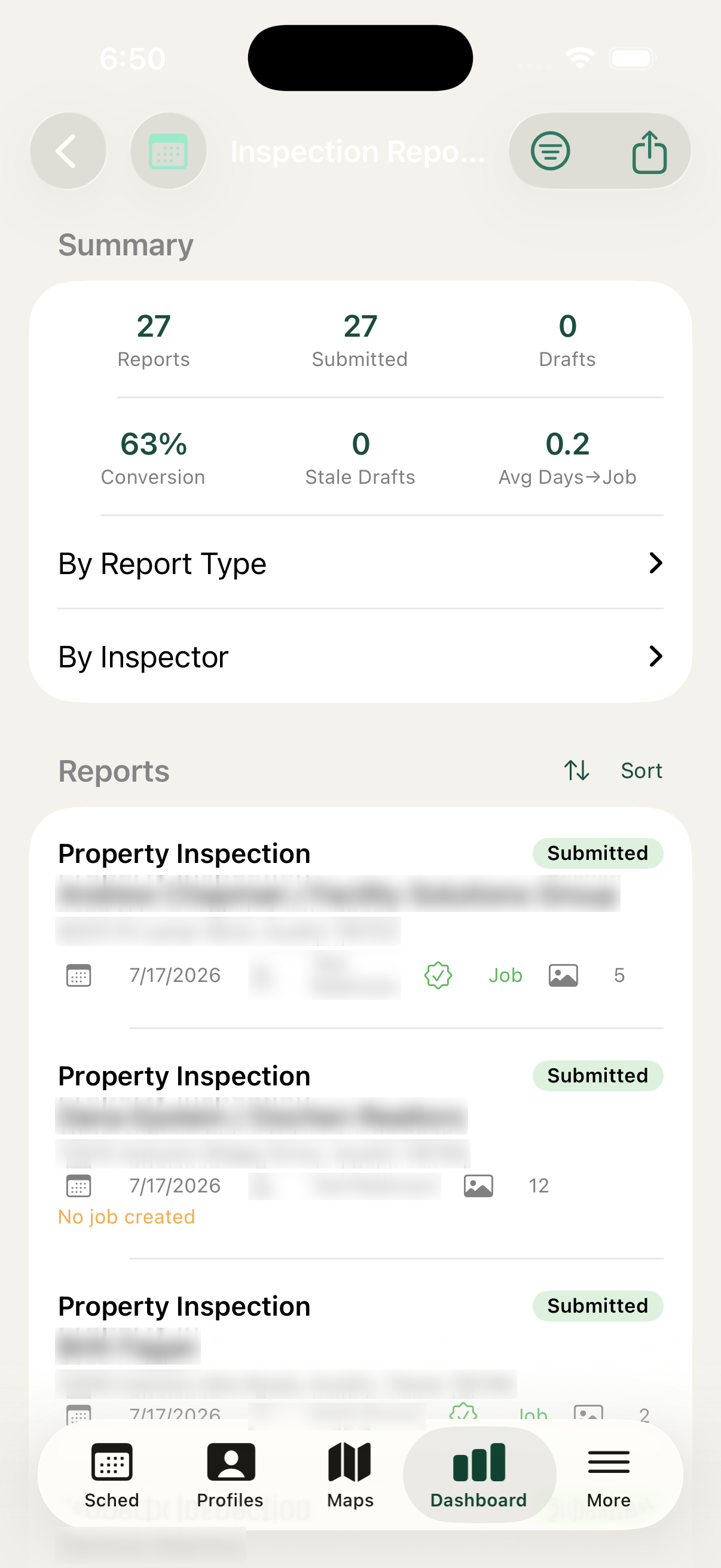 iOS app inspection reports screen