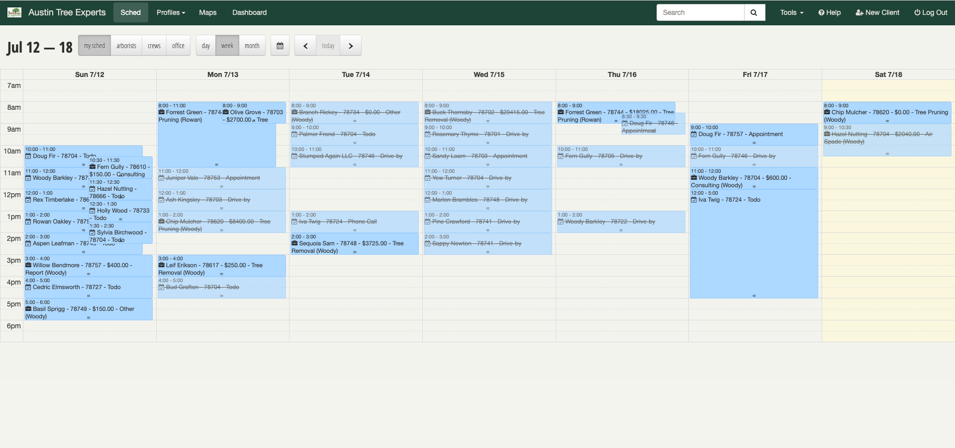 Drag-and-drop scheduling calendar showing color-coded jobs and appointments across the week