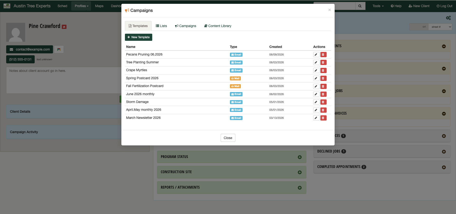 Campaign composer for email, SMS, and direct-mail postcards with lead tracking