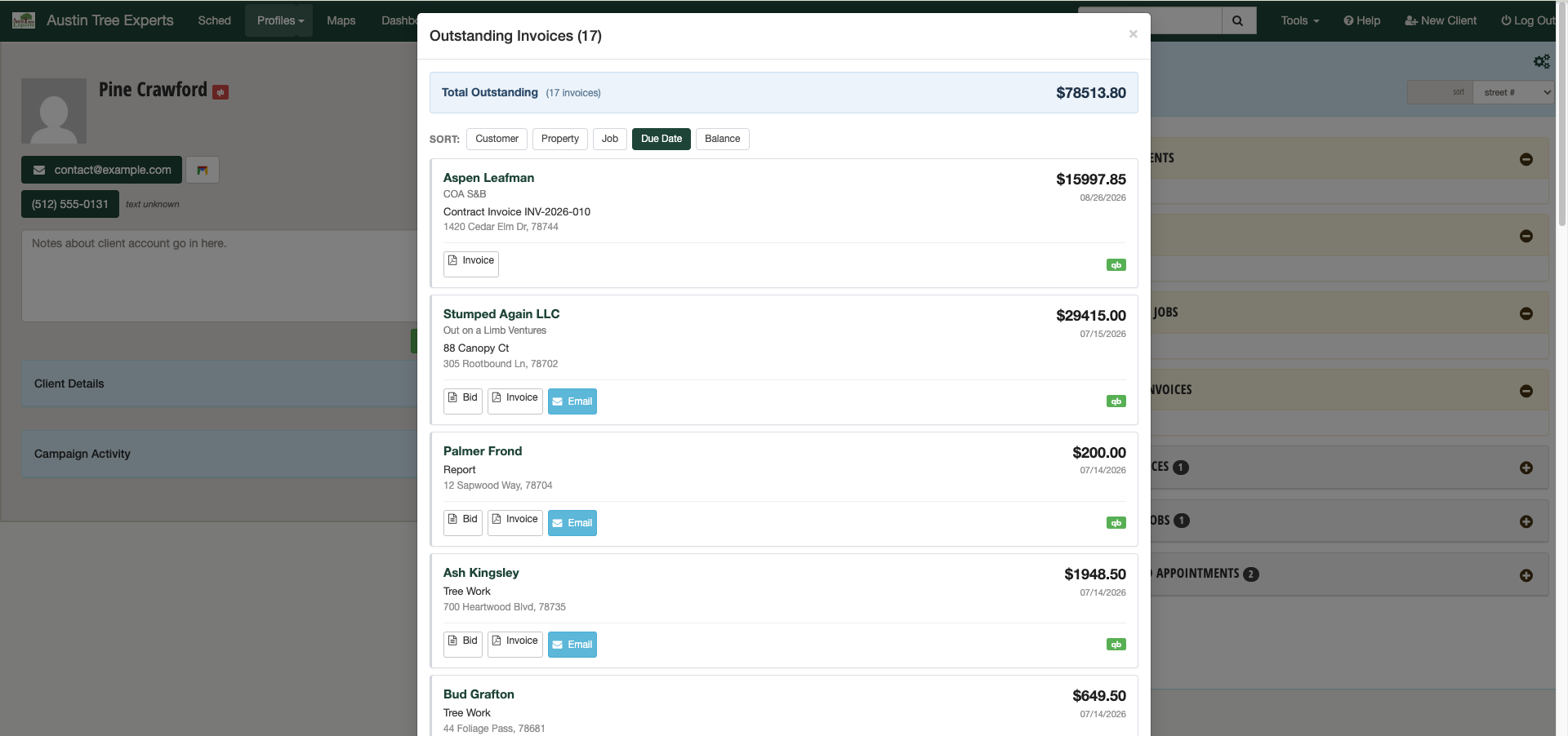 Invoice and payment screen with QuickBooks sync and outstanding balances