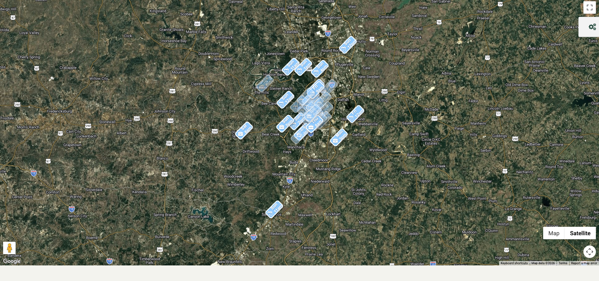 Map view of the day's jobs plotted across town and color-coded by status