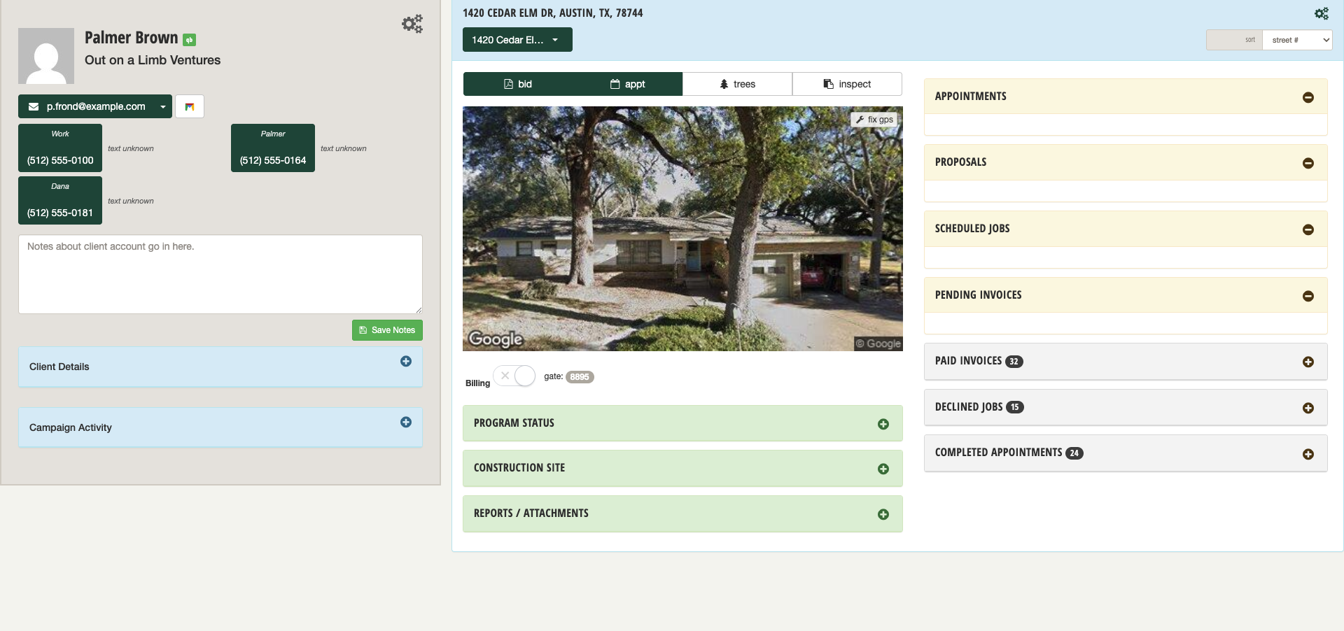 Customer profile showing contacts, programs, jobs, proposals, and invoice history on one screen