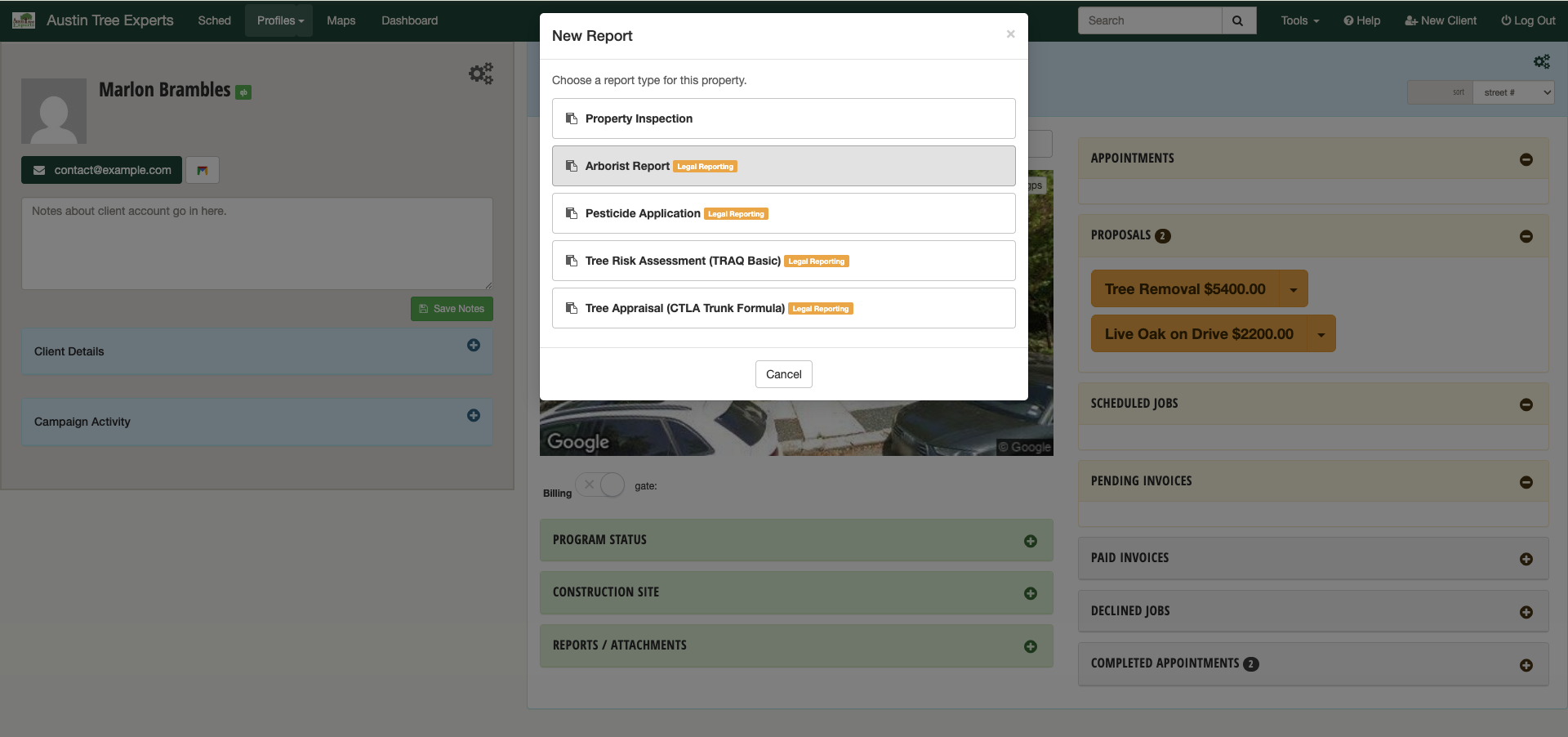Report builder showing the library of professional report types
