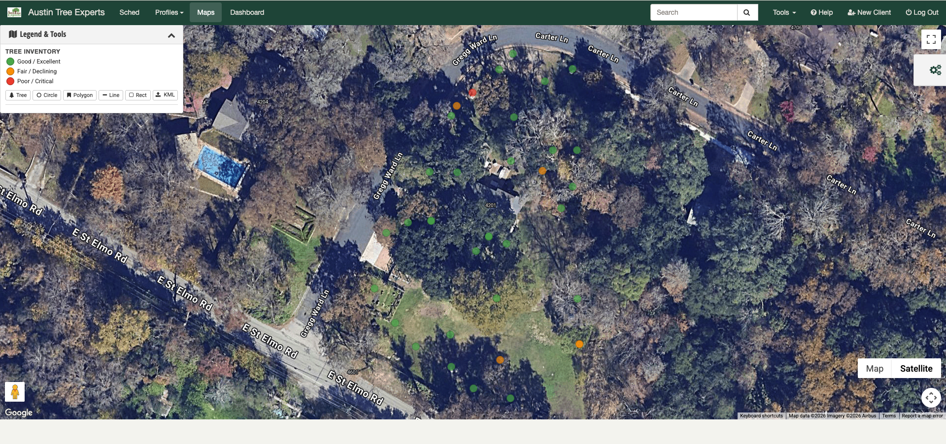 Tree inventory mapped on a satellite property view with color-coded condition ratings